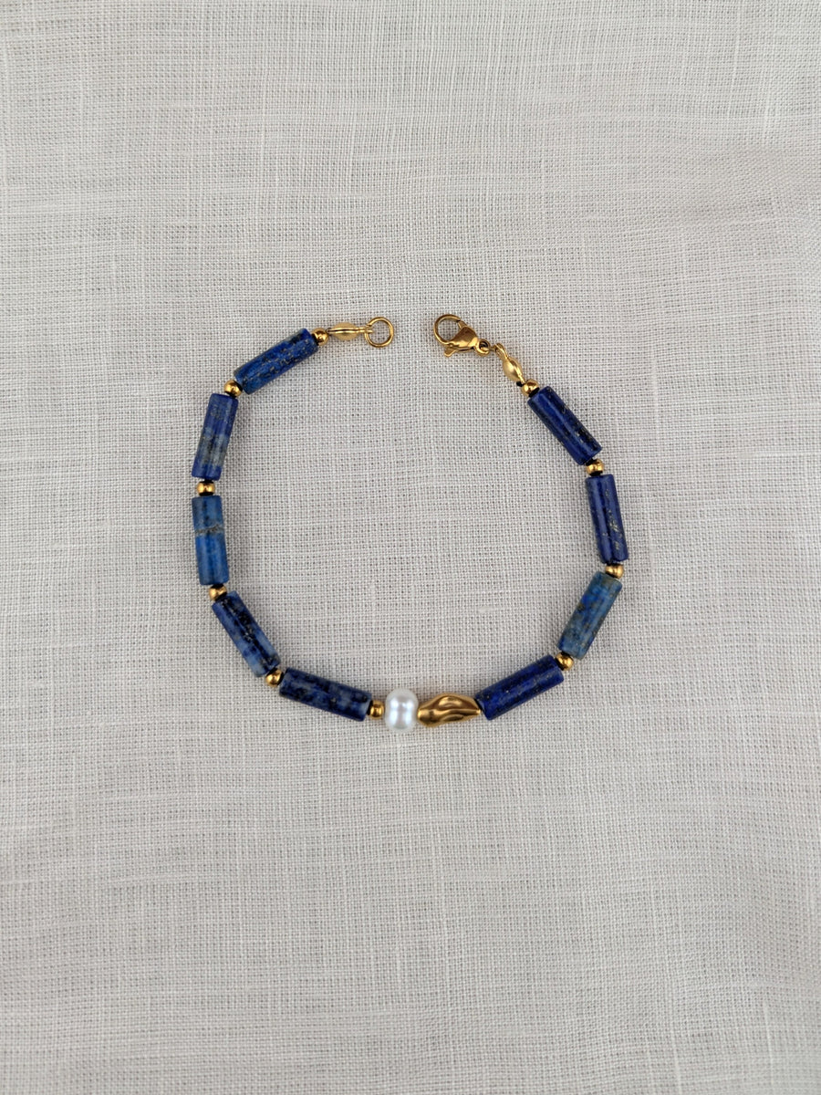 Bransoletka Ink & Pearl na lnianej tkaninie — lapis lazuli i perła